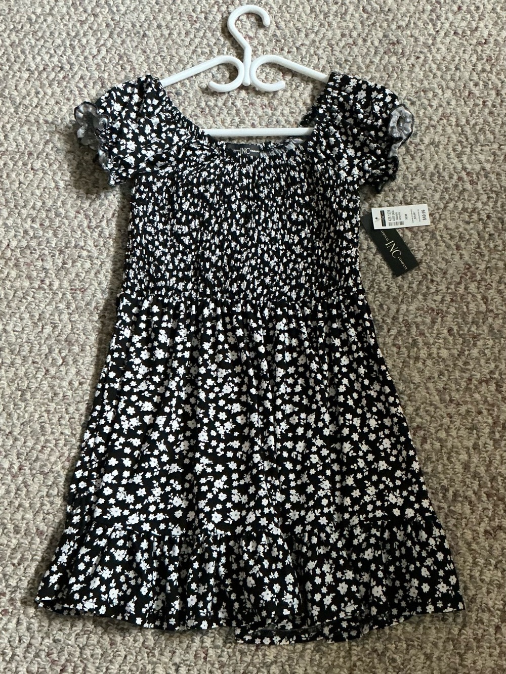 INC International Concepts Black and White Floral Smocked Mini Dress